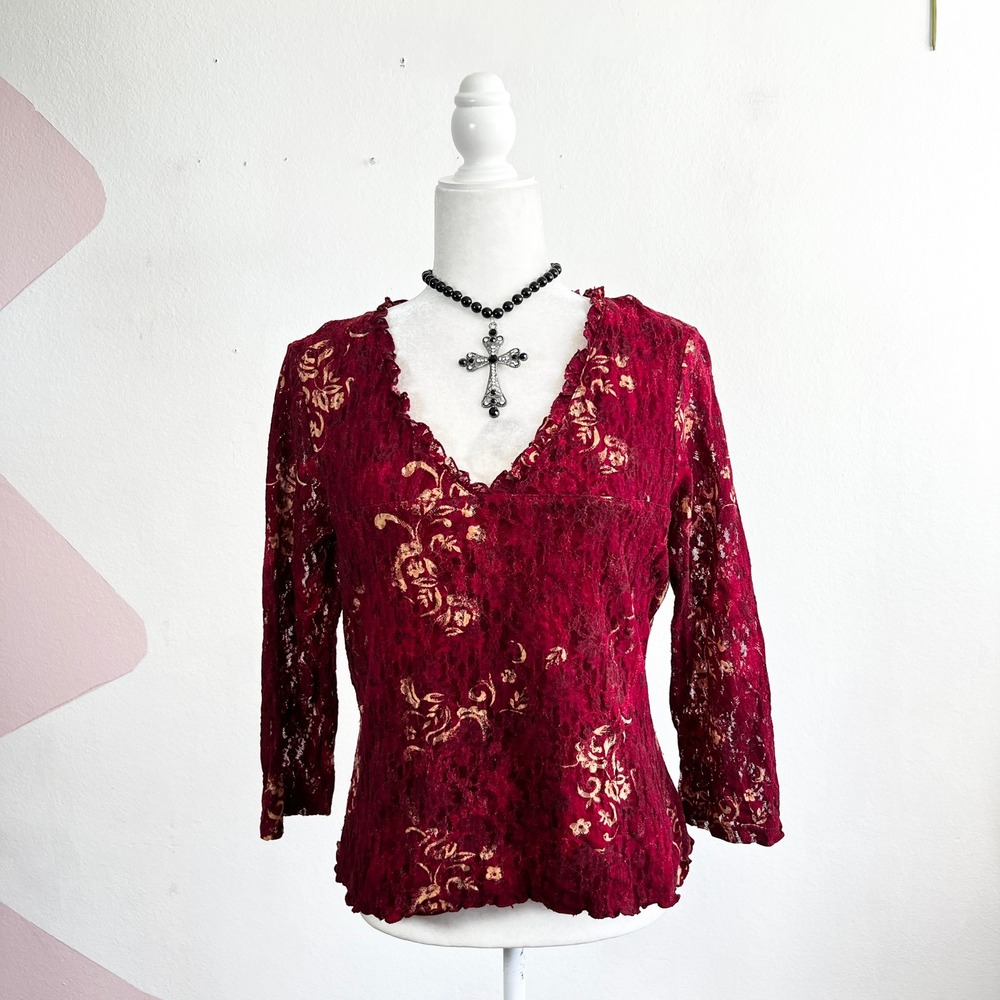 Vintage Y2k 90s Lace Top 2000s Ruffles Romantic Victorian‎ Coquette Large